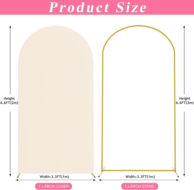 Putros Arch Backdrop Stand and Cover Set, 6.6ft, Gold Arch Stand with Beige Cover, Metal Arched Background Frame for Wedding, Birthday Party, Baby Shower, Photography Decoration