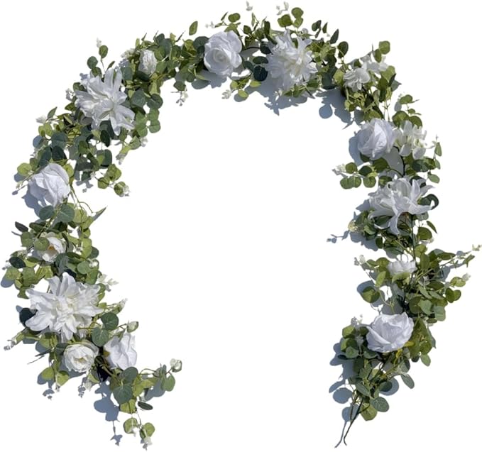 Artificial Flower Garland，6.5Ft Fake Dahlia Rose Flowers Garland Floral Eucalyptus Greenery Vine for Wedding Arch，Table Runner Centerpieces Backdrop Room Wall Hanging Plant Decor（White）