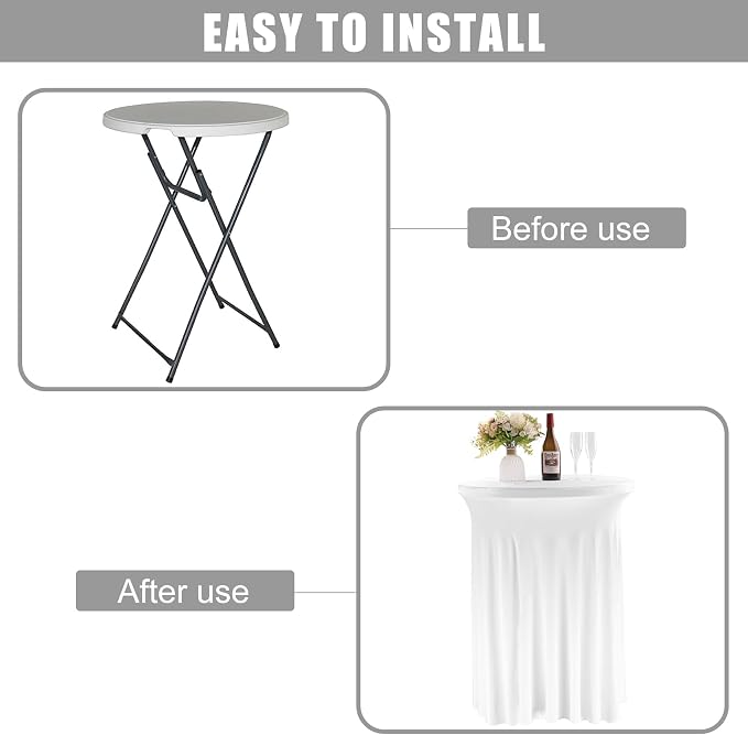 Fivenl 6 Pack Round Cocktail Tablecloth 32"x 43" Spandex Cocktail Table Skirt, Washable Stretch Fitted Table Covers for High Top Bar,Wedding,Party,Events (White)