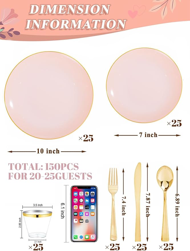 WDF 150Pcs Pink Plates Disposable - Pink and Gold Plastic Plates 25guest Disposable Dinnerware Include 25 Dinner Plate, 25 Dessert Plate, 25 Cutlery & 25 9oz Cups for Baby Shower/Spring/Mother's Day