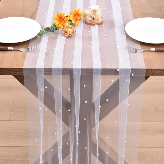 White Pearl Table Runner Boho Rustic Tulle Lace Dining Baby Shower Wedding Arch Decor Veil Dessert Holiday Centerpiece Table Decor