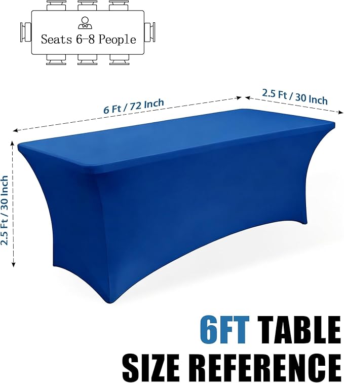 6FT Royal Blue Table Cloth - 2 Pack Fitted Stretch Rectangle Spandex Tablecloth, Washable Table Cover for Party, Picnic, Wedding, Banquet, Birthday and Festival(30" x 72")