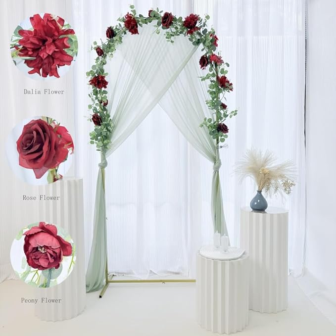 Artificial Flower Garland，6.5Ft Fake Dahlia Rose Floral Eucalyptus Greenery Garland Vine for Wedding Arch，Table Runner Centerpieces Backdrop Room Wall Hanging Plant Decor（Burgundy）