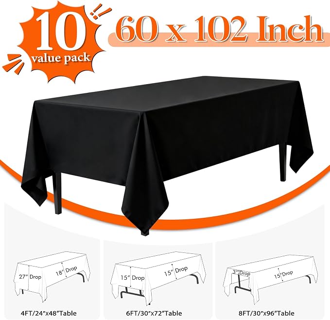10 Pack Black Tablecloths 60x102 Inch Black Table Cloth for 6 Foot Rectangle Tables, Wrinkle Resistant Rectangular Tablecloth Washable Polyester Fabric Table Covers for Party Banquet Wedding Buffet
