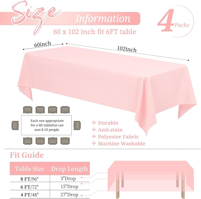 Showgeous 4 Pack Pink Tablecloth 60 x 102 Inch, Rectangle Table Cloth for 6 Foot Table, Wrinkle Resistant Washable Polyester Table Cover for Wedding Dining Table Buffet Parties and Camping
