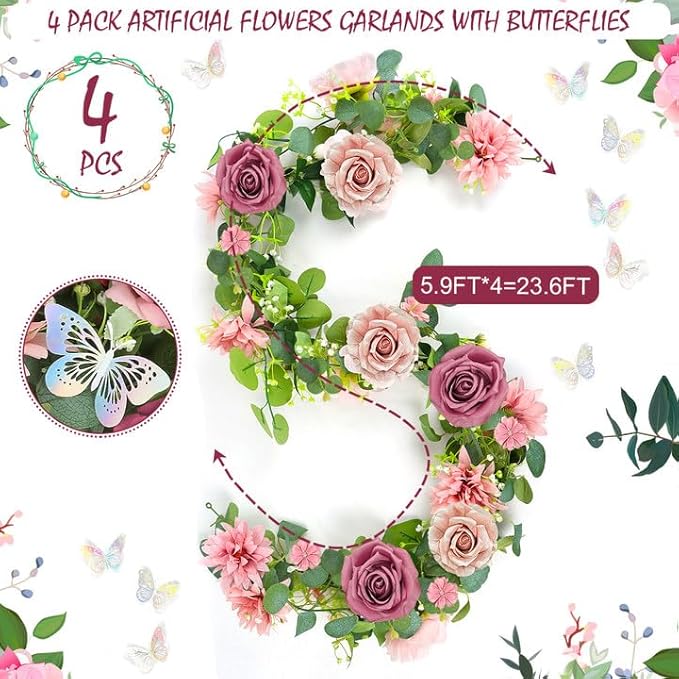 4 Pack 5.9 FT Artificial Flower Garland with Butterflies Fake Rose Garland Faux Greenery Eucalyptus Garlands for Wedding Table Backdrop Arch Centerpieces Decorations - DarkPink