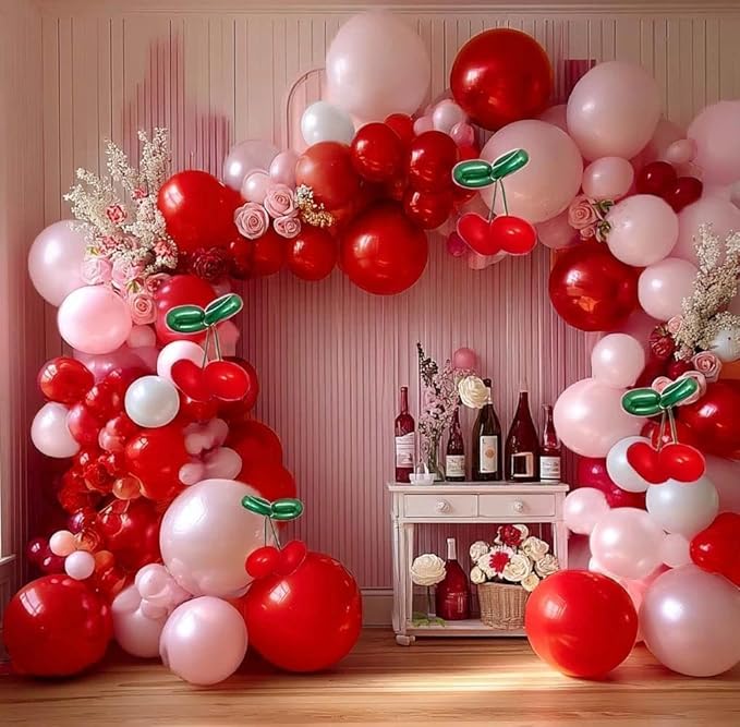 Red Pink Balloon Arch Double Stuffed Latex Pink White Pearl Balloons Red Green Long Balloon Garland for Cheery On Top Baby Shower Birthday Christmas Bridal Shower Garden Berry Party Decoration