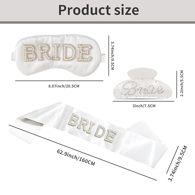 3 Pcs Bride Hair Clip, Bride Claw Clip Sash and Sleep Mask, Bridal Claw Clips Eye Mask, Bachelorette Sash, Bridal Bachelorette for Party Hair Clips, Bridesmaid Wedding Accessories Party Gifts