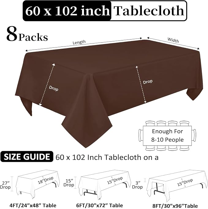 8 Pack Brown Table Cloth 60 x 102 Inch Rectangular Tablecloths for 6 Foot Rectangle Tables, Wrinkle Resistant Brown Tablecloth Washable Polyester Fabric for Buffet Wedding Party Banquet