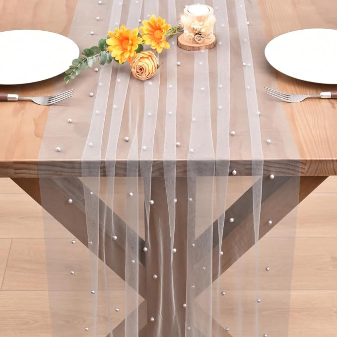 Gray Pearl Table Runner Boho Rustic Tulle Lace Dining Baby Shower Wedding Arch Decor Veil Dessert Holiday Centerpiece Table Decor 3pcs