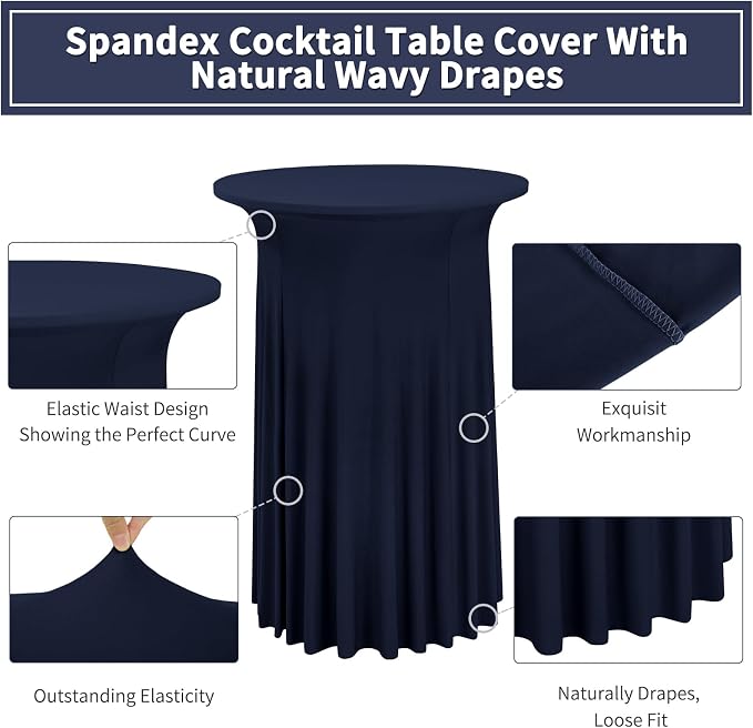 6 Packs Round Cocktail Table Skirt 32"x 43" Spandex Stretch Cocktail Tablecloth with Wavy Drapes, Navy Blue Spandex Fitted High Top Table Covers for Wedding Bar Party Birthday Banquet Tables