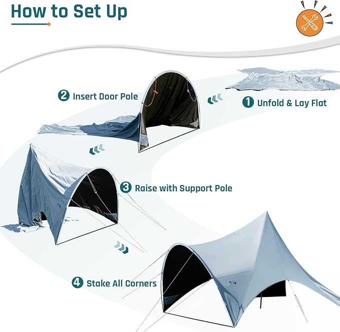 Blackout Camping Canopy Waterproof Tent Tarp with Poles Sun Shade Shelter for Outdoor Camping Backyard Picnic, Included Guy Lines & Luminous Tent Stakes, Gray