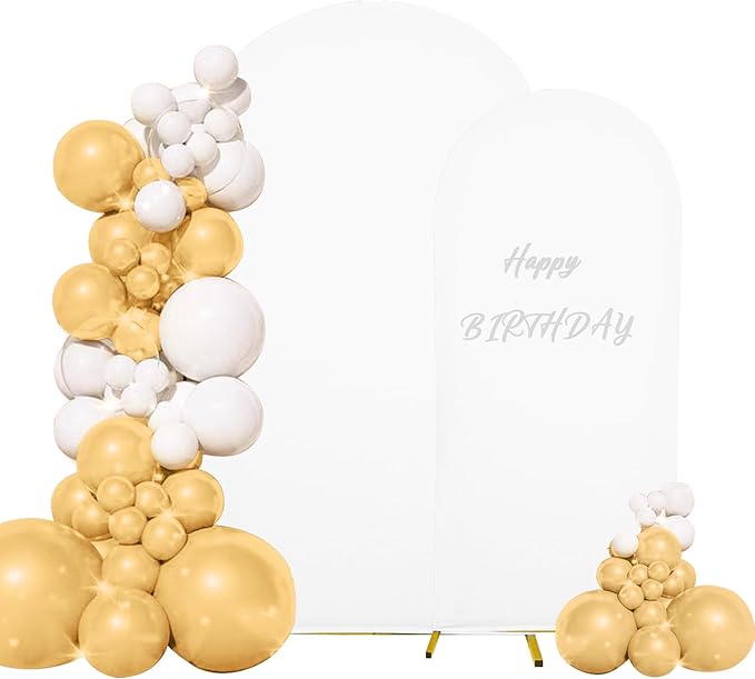 Set of 2 Wedding Arch Cover 2-Sided Round Top Spandex Fitted Arch Backdrop Cover for Birthday Party Baby Shower Wedding Arch Stand Decor（7.2FT, 6.6FT, White）