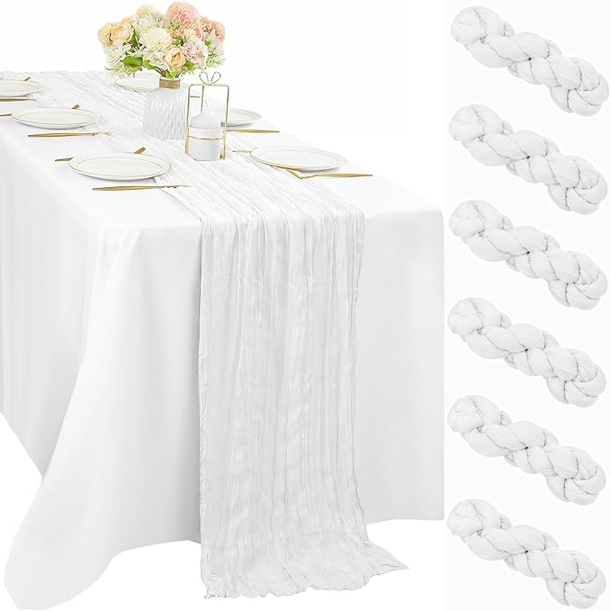 6 Pcs White Cheesecloth Table Runner 10FT Runner for Tables Gauze Fabric Boho Cheese Cloth Table Runner Decoration Rustic Semi Sheer Runner for Wedding Birthday Holiday Bridal Shower Party (White)