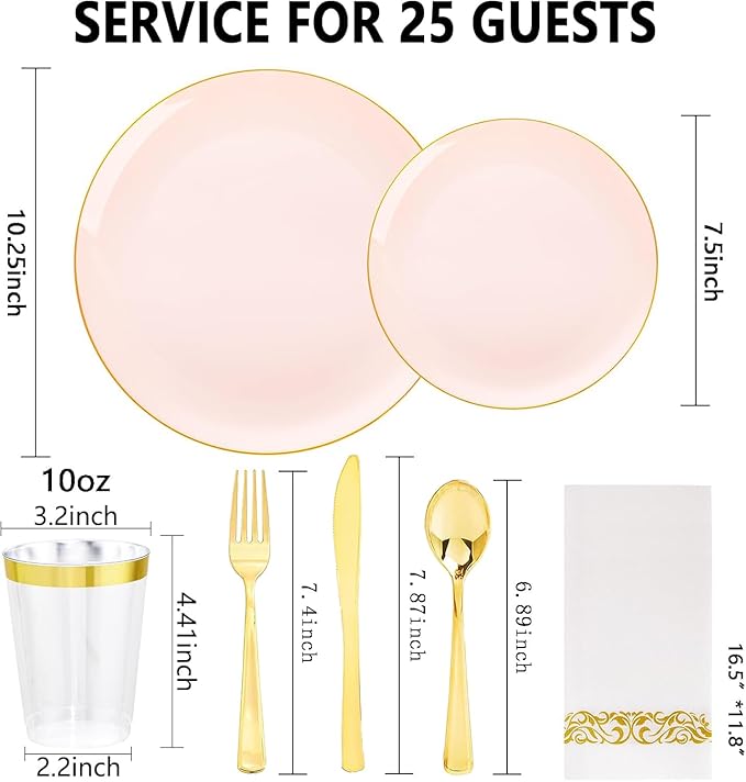 YOUBET 175PCS Pink Plastic Plates - Pink and Gold Disposable Plates Include 50 Plastic Plate, 75 Silverware, 25 Cups, 25 Napkins for Wedding & Party & Birthday Mothers Day