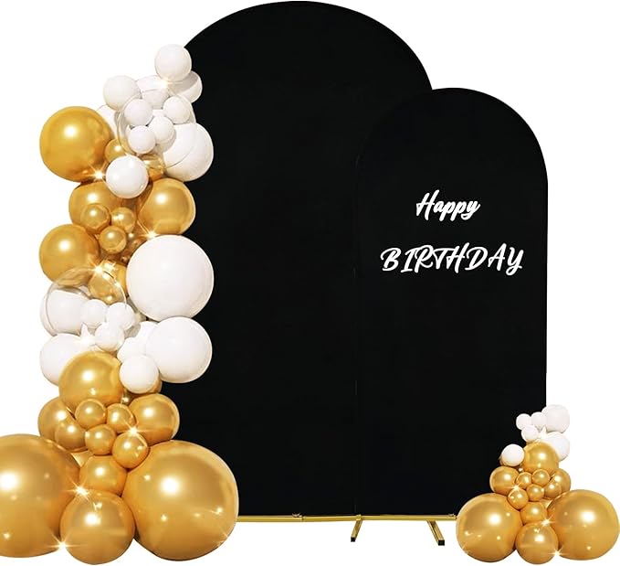 Set of 2 Wedding Arch Cover 2-Sided Round Top Spandex Fitted Arch Backdrop Cover for Birthday Party Baby Shower Wedding Arch Stand Decor（7.2FT, 6FT, Black）