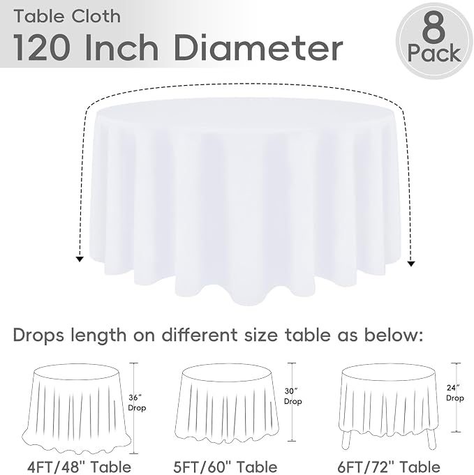 8 Pack Round Tablecloth 120 Inch Cloth White Tablecloth for Round Tables, Washable Polyester Table Cloth Stain and Wrinkle Resistant Decorative Table Cover for Wedding Party Dining Banquet