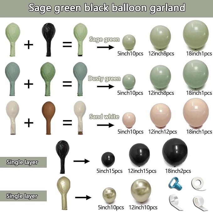 Sage Green Black Balloon Arch Kit, Double Stuffed Dusty Olive Green White Sand Cream Beige Gold Balloon Garland for Birthday Camo Woodland Jungle Wedding Boho Graduation Party Decoration