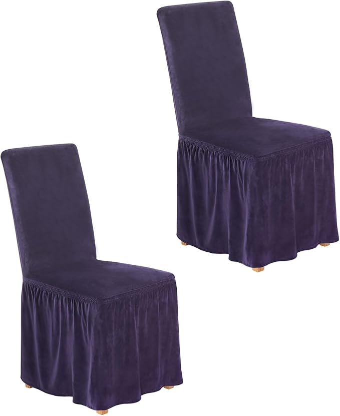 NICEEC Spandex Chair Covers for Dining Chairs Covers Set of 2 Removable Dining Room Chair Covers with Skirt Parson Chair Slipcovers Washable Chair Protector for Kitchen Wedding Banquet(Purple)