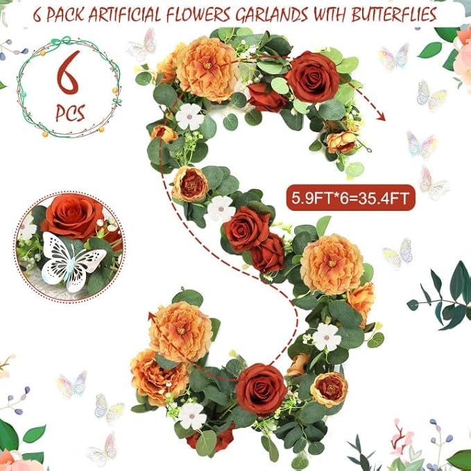 6 Pack 5.9 FT Artificial Flower Garland with Butterflies Fake Rose Garland Faux Greenery Eucalyptus Garlands for Wedding Table Backdrop Arch Centerpieces Decorations -Terracotta Burnt Orange