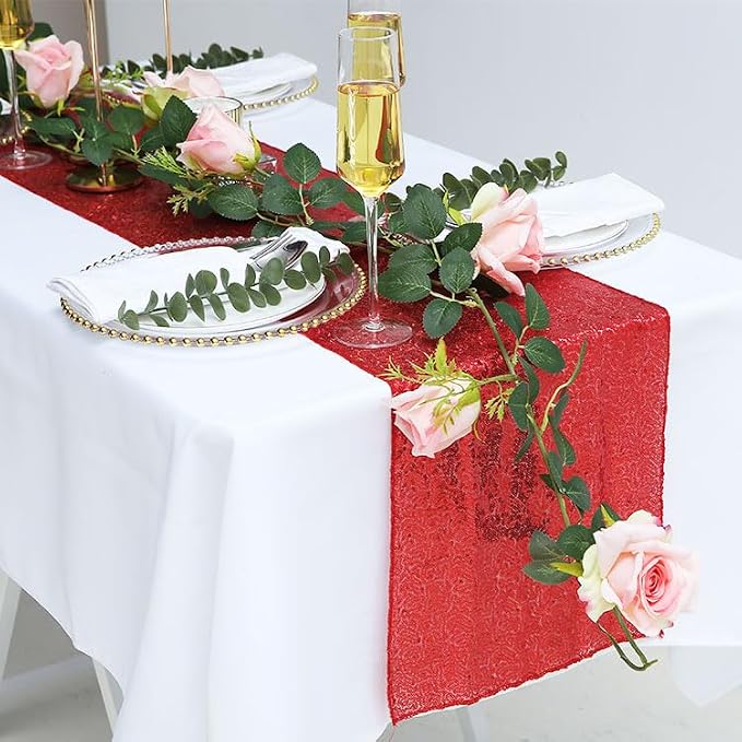 12 Pack Red Sequin Table Runner 12 x 108 Inch - High Density Sparkly Glitter Table Runners for Wedding, Birthday, Anniversary Banquet, Shimmering Red Party Decor