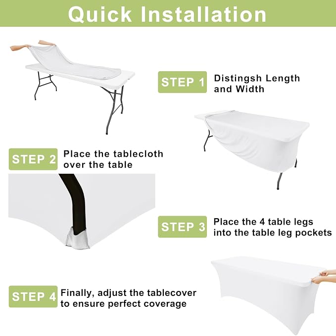 Moosfor Spandex Elastic Fitted 8FT Rectangle Tablecloth 6 Pack, Stretch Washable Reusable Table Cover for Outdoor Picnic, Dining, Wedding, Banquet & Party Events (White, 96Lx30Wx30H Inch)