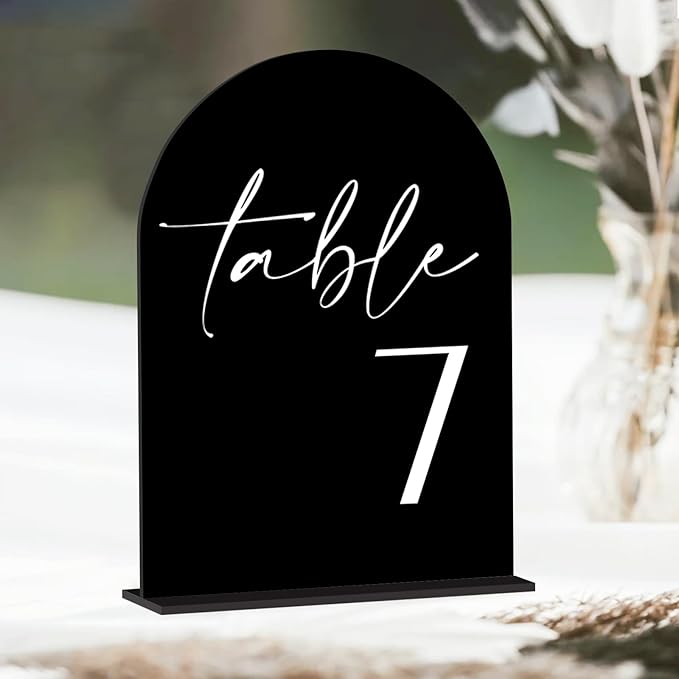 Black Arch Acrylic Table Numbers with Stands 1-25, 5x7" Black Arched Acrylic Sign and Base, Arch Table Numbers for Wedding Reception