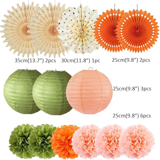 Olive Green and Orange Party Decorations Olive Birthday Party Decorations Peach and Orange Poms Lanterns Beige Fans Decor for Green and Peach Baby Shower Bridal Shower Rustic Wedding Party