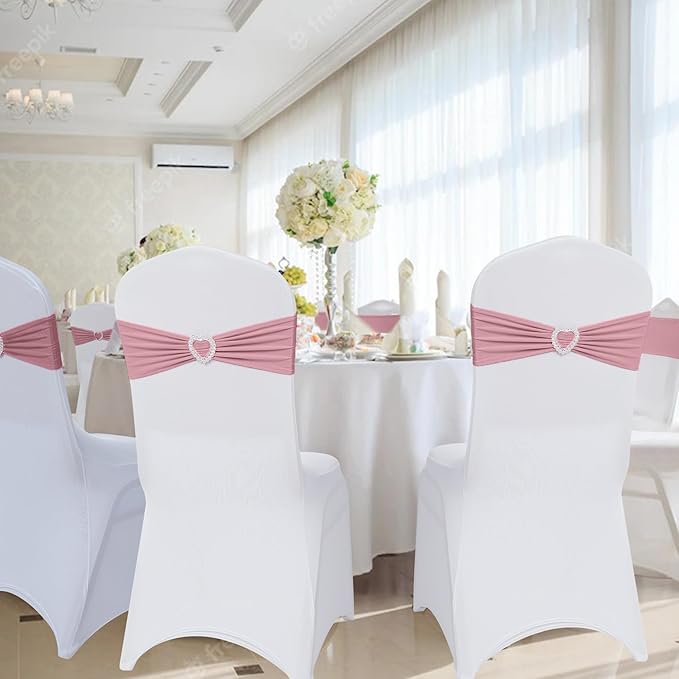 Howhic Pack of 60 Spandex Chair Sashes Bows ，Stretch Chair Cover Band with Buckle Slider Universal Elastic Ties for Wedding Banquet Party Event Decorations (Dusty Pink)