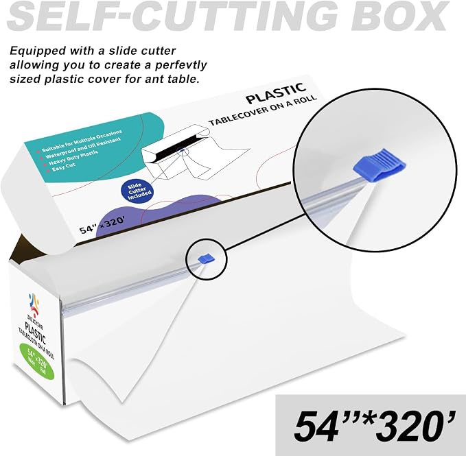54IN X 320FT Plastic Table Cover Roll with Cutter Box, Cut to Size Plastic Table Cloths for Parties, Birthday, Disposable Tablecloth Roll for All Shape Tables (White, 54 Inch X 320 Feet)