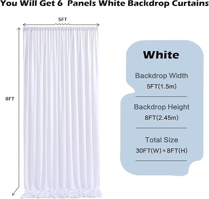 30ft x 8ft Wrinkle Free White Backdrop Curtains for Weddings Parties, 6 Panels 5x10ft Soft Silky Polyester White Photo Backdrop Drapes Back Drop Cloth for Birthday Christmas Photography Background