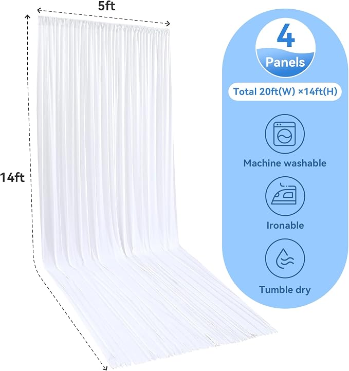 20ft x 14ft Wrinkle Free White Backdrop Curtains for Parties, White Photo Backdrop Drapes 4 Panels 14FT Long Silky Back Drop Cloth for Wedding Birthday Photography Background Decor