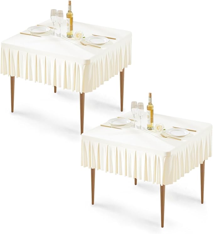 Wish Care 2 Pack Ivory Spandex Tablecloths for 34x34 Inch Square Tables, Stretch Fitted Table Clothes with Pleated Ruffle Skirt for 34” Table, Wrinkle Free and Elastic, for Party Kitchen Home Dining