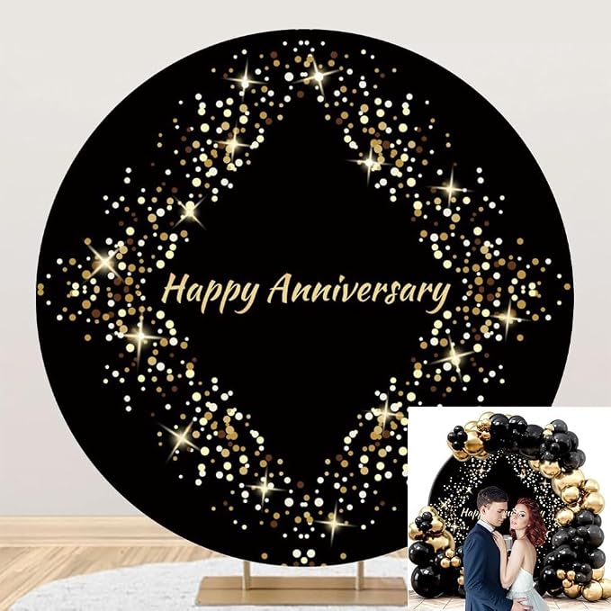 Happy Anniversary Round Backdrop Cover Black and Gold Glitter Spot Anniversary Photography Backdrop Wedding Anniversary Bridal Shower Party Decorations Circle Background Stand Cover 5ft