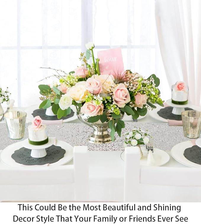 ShinyBeauty 10 Pieces-12 x108 Silver-Sequin Table Runner Wedding Party Catering Event (Silver)