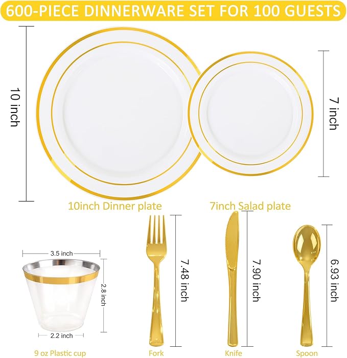 WELLIFE 600 PCS Gold & White Disposable Dinnerware Set for 100 Guests — White Plastic Plates with Gold Rim, Dinner & Salad Plates, Cups, Forks, Knives & Spoons for Weddings & Elegant Events