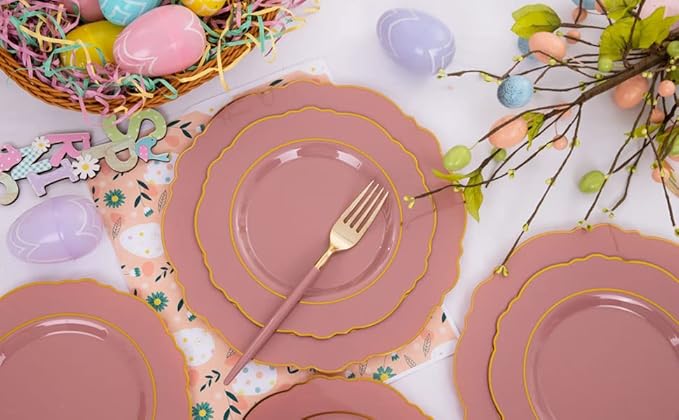 Nervure 100Pcs Mauve Pink Plastic Plates - Mauve Gold Plastic Dinnerware Sets for 20 Guests - 20 Dinner Plates, 20 Dessert Plates, 20 Forks, 20 Knives and 20 Spoons for Wedding & Party & Mother's Day