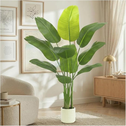 Artificial Bird of Paradise Plant：5FT Fake Traveler’s Palm Faux Banana Tree Elephant Ear Leaf Tall Silk Floor Plant in White Pot for Home Decor Indoor Office Entryway Balcony Patio café Hotel