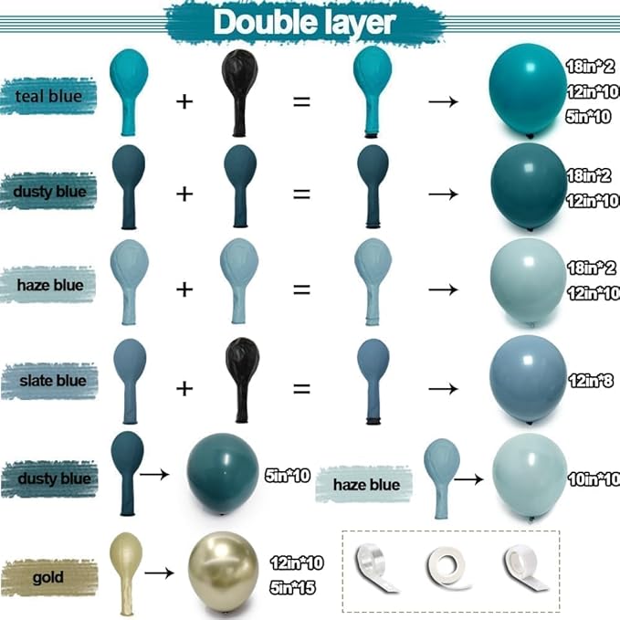 Teal Blue Gold Balloons Double Stuffed Latex Dusty Blue Turquoise Balloon Different Sizes Teal Gold Balloon Garland for Birthday Wedding New Year Anniversary Baby Shower Ocean Party Decor