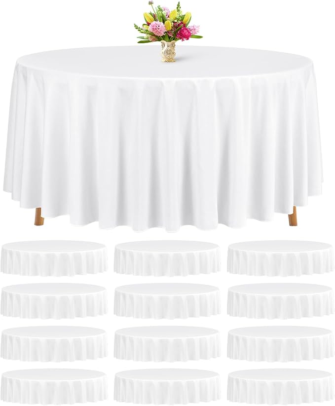 Teruntrue 12 Packs White Round Tablecloths 90 inch Round Table Cloth, Washable Polyester Fabric for Wedding Parties Banquet Holiday Dinner Table Decorative, White