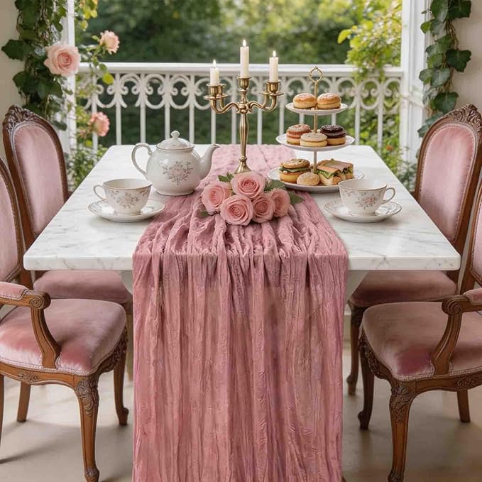 12 Pack Dusty Rose Table Runner, 35x120 Inch Pink Cheesecloth Table Runner with Wrinkle 10ft Long Boho Rustic Gauze Sheer Cheese Cloth for Wedding Party Bridal Baby Shower Table Decor