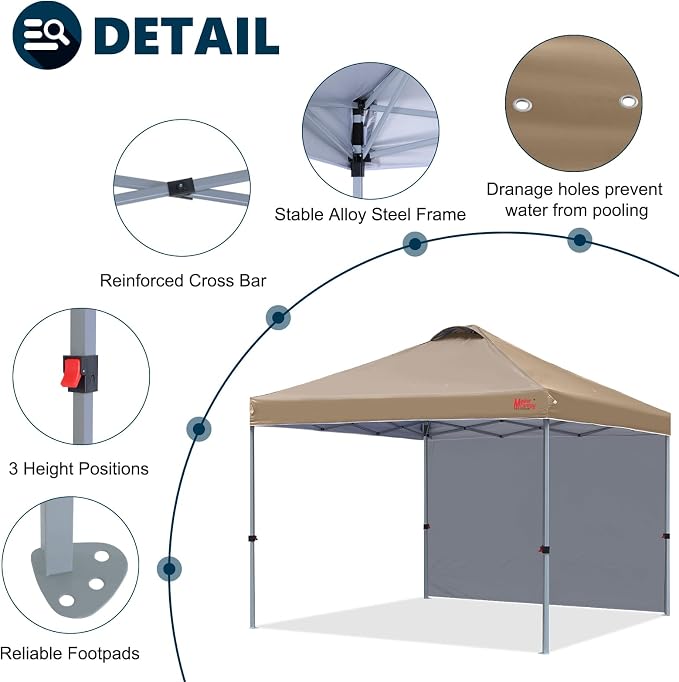 MASTERCANOPY 6.6x6.6 Pop Up Canopy Tent with 1 Sidewall, 1 Person Setup Instant Shelter, Outdoor Portable Beach Canopy, 1 Roller Bag, 4 Sandbags, 4 Ropes, 8 Stakes (6.6x6.6, Khaki)