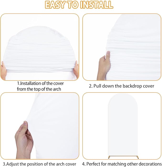 FUHSY Set of 3 Spandex Arch Cover 6FT, 6.6FT, 7.2FT Round Top Chiara Arch Backdrop Stand Cover White 2-Sided Wedding Arch Frame Covers for Backdrop Birthday Party Arches Covers for Baby Shower