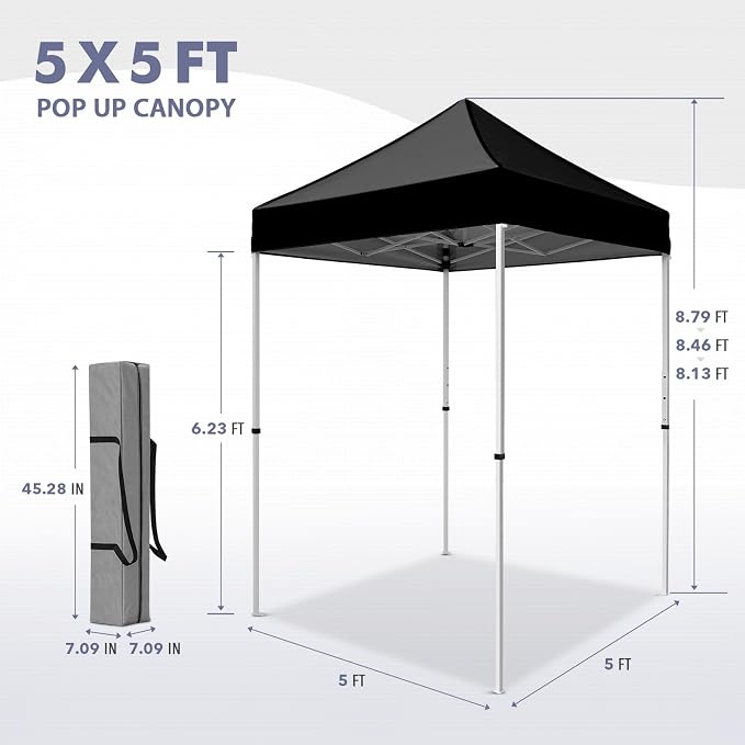 5x5 Pop Up Canopy Tent, Instant Portable Beach Canopy, Outdoor Tent with Carry Bag for Camping, Sports, Tailgating, Events, Black