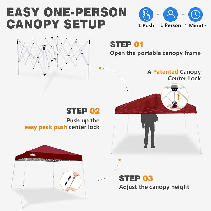EAGLE PEAK 10x10 Slant Leg Pop-up Canopy Tent Easy One Person Setup Instant Outdoor Beach Canopy Folding Portable Sports Shelter 10x10 Base 8x8 Top (Burgundy)