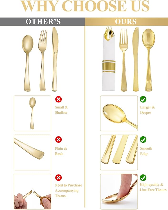 Supernal 60 Pack Pre Rolled Napkins with Gold Plastic Silverware - 60 Sets Elegant Disposable Wrapped Cutlery: Heavy Duty Gold Forks, Knives, Spoons for Weddings, Parties, & Catering Events