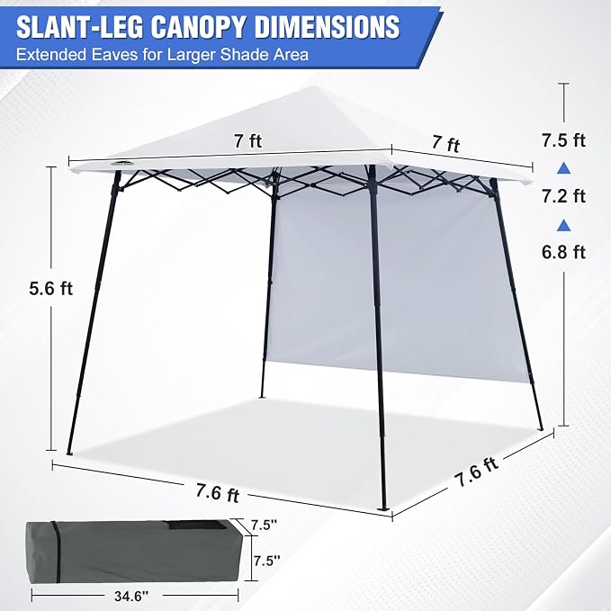EAGLE PEAK 8x8 Pop Up Canopy Tent with Extended Eaves & Sidewall, Compact, Portable, Easy Setup Slant Leg Instant Shelter for Beach, Sports, & Camping, 8x8 Base 7x7 Top, White