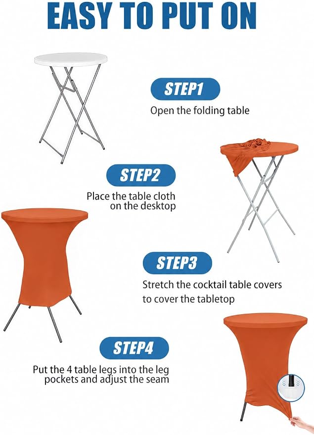 Cocktail Table Covers - 2 Pack 32x43 Inch Table Cloth - Orange Fitted Stretch Spandex Round High Top Tablecloth for Party, Bar, Birthday, Pub, Banquet