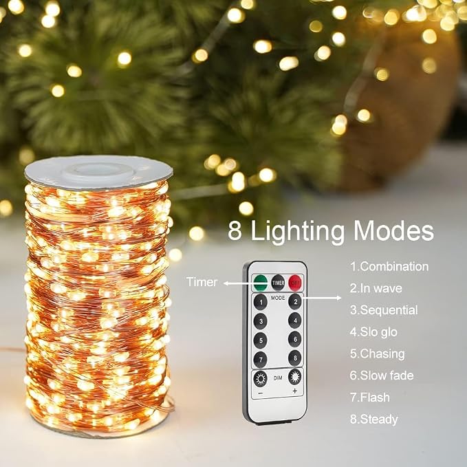 660FT 2000LED Plug in Fairy Lights Extra Long with Remote Waterproof Warm White Copper Wire Twinkle String Lights for Indoor Outdoor Christmas Tree Bedroom Porch Wedding Party Girl's Room