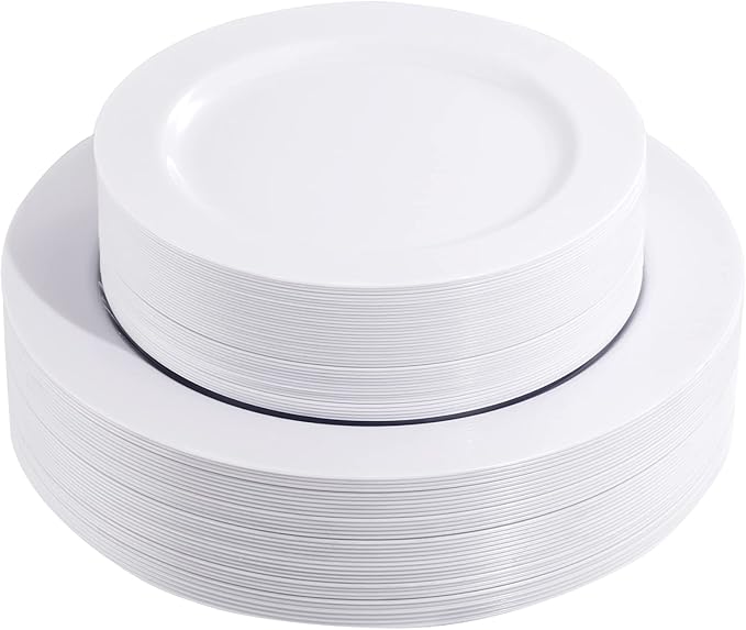 FLOWERCAT 60PCS White Plastic Plates - Heavy Duty White Disposable Plates for 4th of July/Birthday Party/Wedding -serve for 30 guests Include 30PCS 10.25" & 30PCS 7.5" Plates for Summer Party